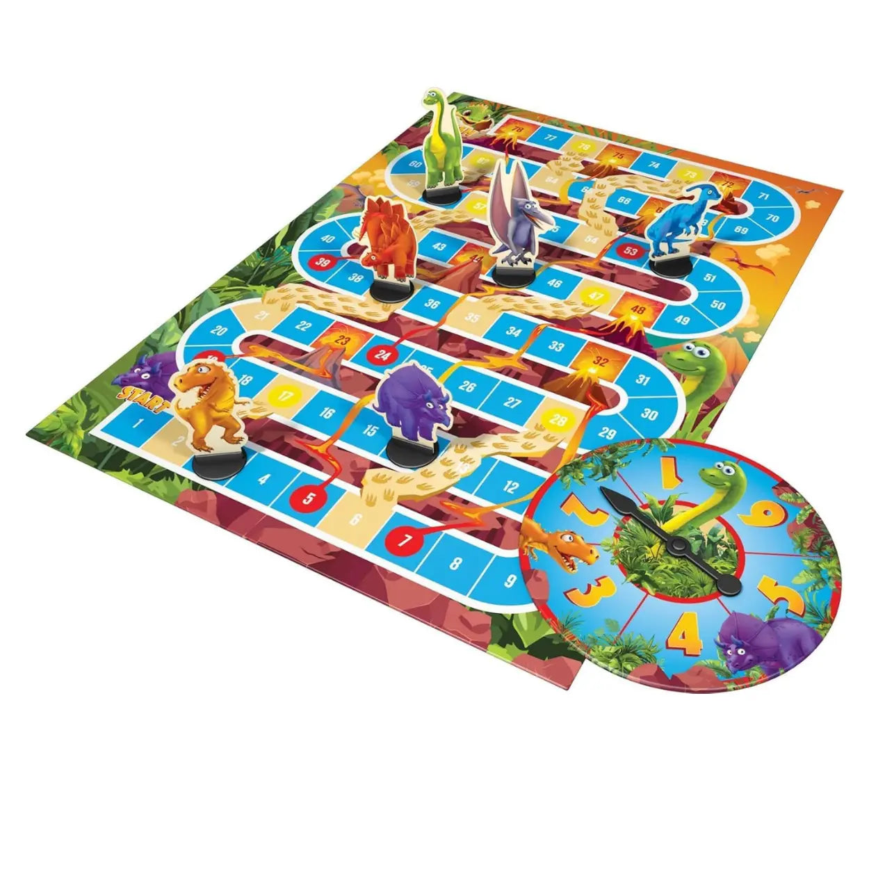 Experience a prehistoric adventure with Outset Cheatwell's Dinosaur Snakes & Ladders. This vibrant family board game features a colorful numbered path, cartoon dinosaur pieces, and spinner, creating the perfect playful journey through a lively jungle setting.