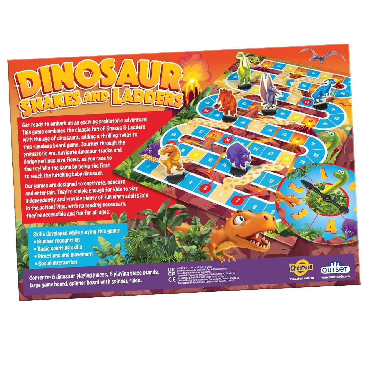 The Dinosaur Snakes & Ladders by Outset Cheatwell features a vibrant, dinosaur-themed board and pieces. It's ideal for all ages, combining math learning with endless fun, making it the ultimate family game.