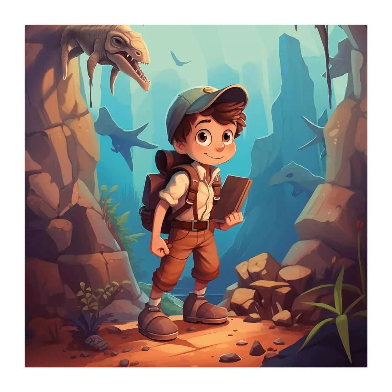 Amidst a rocky, dinosaur-filled canyon, a young explorer with a cap and backpack holds a book. Fossilized creatures surround him like pieces on an ancient game board of Outset Cheatwell's Dinosaur Snakes & Ladders beneath the bright blue sky.