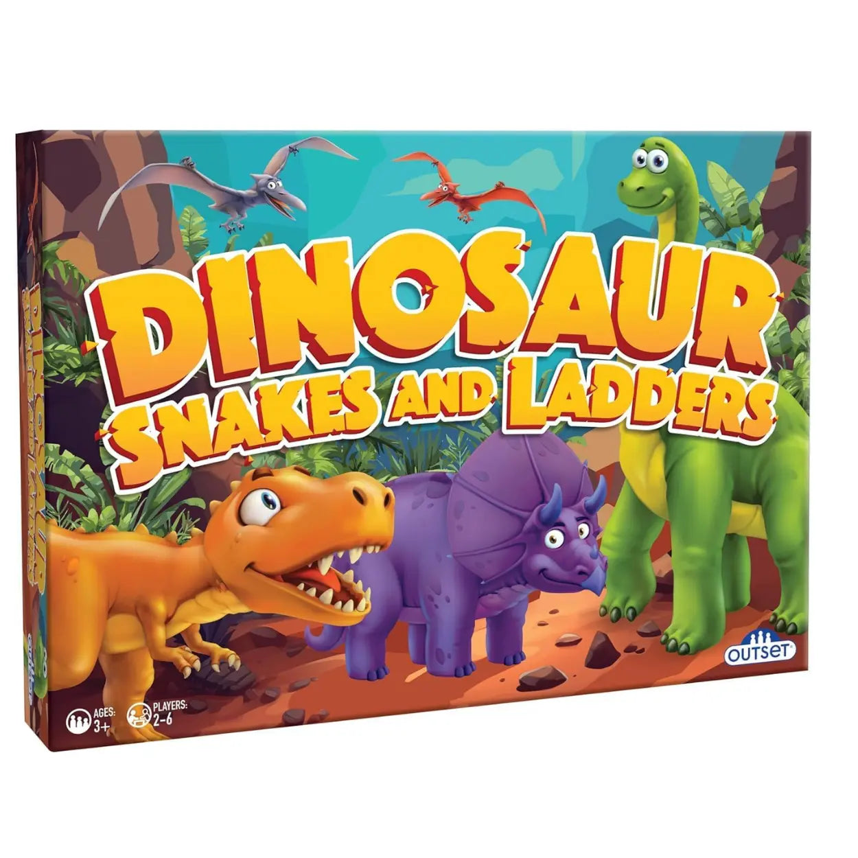 The "Dinosaur Snakes & Ladders" game by Outset Cheatwell is ideal for family fun, showcasing cartoon dinosaurs such as a tyrannosaurus. With dinosaur pieces in a prehistoric setting, it's suitable for ages 3+ and supports 2-6 players.