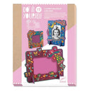 Box of the DIY Woodland Photo Frames by Djeco, designed for ages 5 and up, featuring photo frames embellished with colorful mosaic designs. The packaging displays examples of two decorated frames, including one with a child's photo, using vibrant mosaic stickers to enhance floral and butterfly patterns.