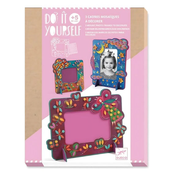 Box of the DIY Woodland Photo Frames by Djeco, designed for ages 5 and up, featuring photo frames embellished with colorful mosaic designs. The packaging displays examples of two decorated frames, including one with a child's photo, using vibrant mosaic stickers to enhance floral and butterfly patterns.