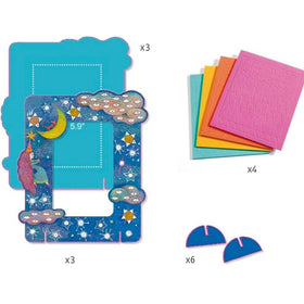 Introducing the Djeco DIY Woodland Photo Frames kit, featuring vibrant foam pieces: three enchanting photo frames in blue and purple adorned with star and unicorn designs, four textured sheets bursting with color, six half-circle components, and mosaic stickers to ignite boundless creativity.