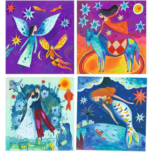 Create four vibrant gouache illustrations reminiscent of Marc Chagall with the "Inspired by Marc Chagall - Painting Activity" by Djeco: a fairy and child, a girl on a starry horse, a couple dancing under the sun, and a mermaid with a fish in an underwater scene.