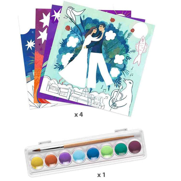 The Djeco Inspired by Marc Chagall - Painting Activity displays four vibrant coloring sheets with various designs like a couple embracing surrounded by nature and animals. Below them is a watercolor paint set featuring eight colors and a brush.