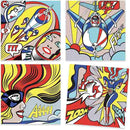 The Djeco product, "Inspired by Roy Lichtenstein - Colouring Activity," features four vibrant pop art panels depicting retro comic book scenes: a rocket, a jet, and two superheroines with bold lines and dots. Text like "ZOOM" and "BROOM" adds dynamic flair celebrating the superhero theme.