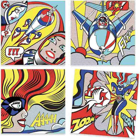 The Djeco product, "Inspired by Roy Lichtenstein - Colouring Activity," features four vibrant pop art panels depicting retro comic book scenes: a rocket, a jet, and two superheroines with bold lines and dots. Text like "ZOOM" and "BROOM" adds dynamic flair celebrating the superhero theme.