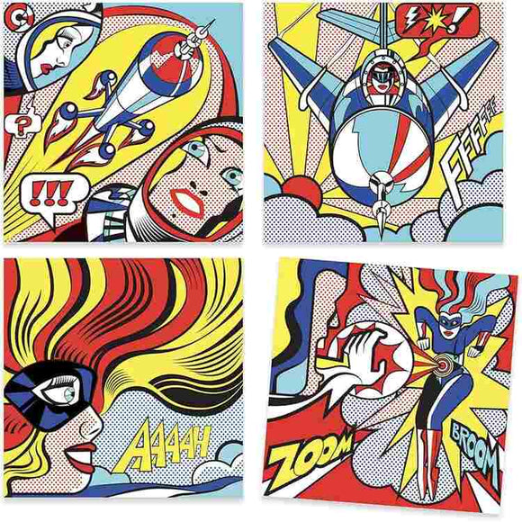 The Djeco product, "Inspired by Roy Lichtenstein - Colouring Activity," features four vibrant pop art panels depicting retro comic book scenes: a rocket, a jet, and two superheroines with bold lines and dots. Text like "ZOOM" and "BROOM" adds dynamic flair celebrating the superhero theme.