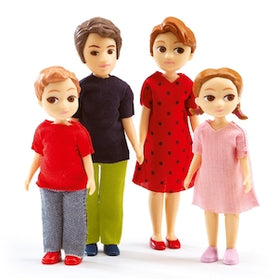 A delightful set from Djeco, Thomas & Marion's Family features four toy figurines, perfect for the City House. This charming dolls' house family includes an adult male and female dressed in dark and red clothing, along with two children sporting cheerful red and pink outfits. Each articulated figure smiles brightly as they stand side by side.