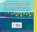 Illustration of yellow rubber ducks in a blue ocean from "Ducks Overboard!: A True Story of Plastic in Our Oceans" by Walker Books. Text questions the fate of spilled ducks, describes their journey with ocean currents, and highlights plastic pollution issues.