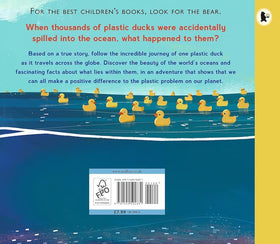 Illustration of yellow rubber ducks in a blue ocean from "Ducks Overboard!: A True Story of Plastic in Our Oceans" by Walker Books. Text questions the fate of spilled ducks, describes their journey with ocean currents, and highlights plastic pollution issues.