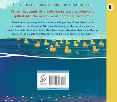 Illustration of yellow rubber ducks in a blue ocean from "Ducks Overboard!: A True Story of Plastic in Our Oceans" by Walker Books. Text questions the fate of spilled ducks, describes their journey with ocean currents, and highlights plastic pollution issues.