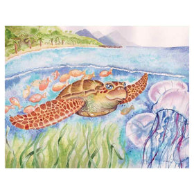 Ellie Jackson's "Duffy's Lucky Escape" watercolor shows a sea turtle swimming gracefully among vibrant fish and jellyfish, with a picturesque coastline, palm trees, and distant mountains in the background, all highlighting the pristine beauty of wildlife untouched by ocean plastic.