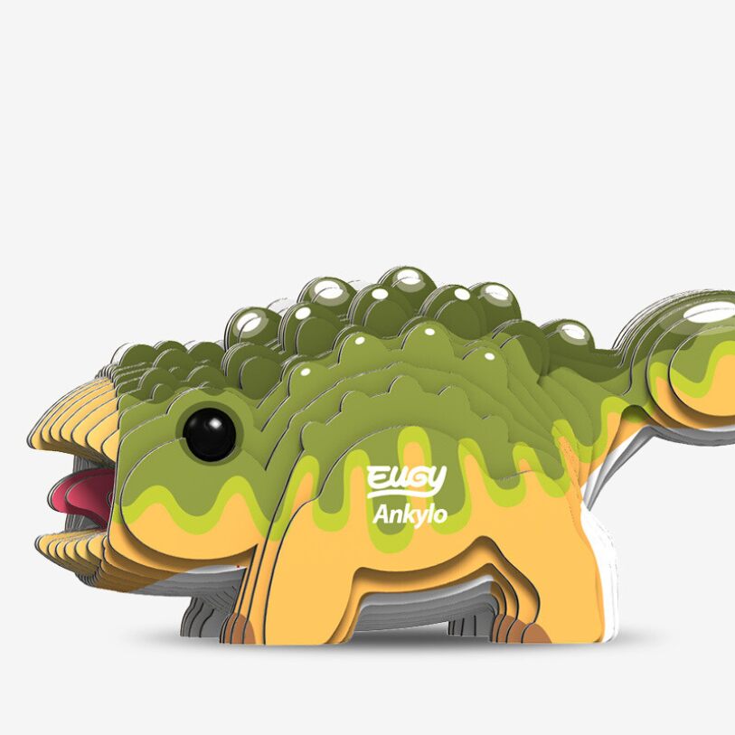 Introducing the EUGY Ankylo: a vibrant 3D puzzle from EUGY featuring an ankylosaurus in dynamic green and yellow hues, made from biodegradable card. Assembled pieces stack to form the dinosaur, showcasing "Ankylo" on its side, creating a distinctive 3D craft collectible against a minimalist white background.