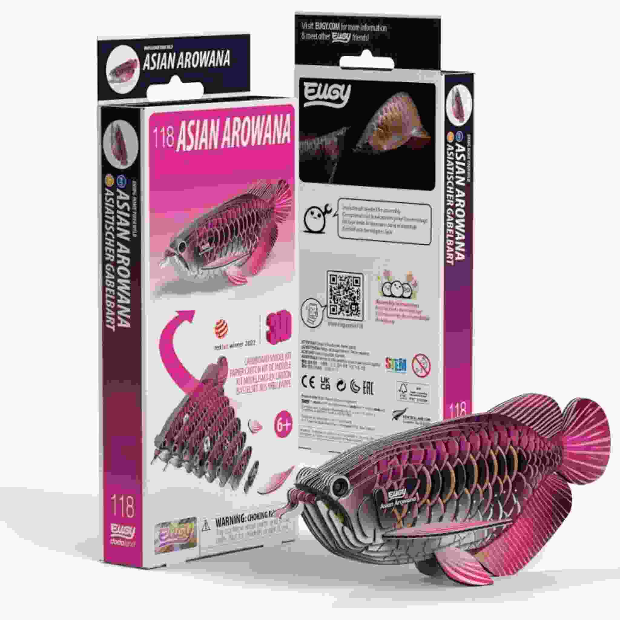 The EUGY Asian Arowana model kit packaging displays the assembled fish and product details. The reverse side includes assembly instructions, a QR code, and safety warnings. Its pink and purple design invites you to dive into the world of EUGY figures.