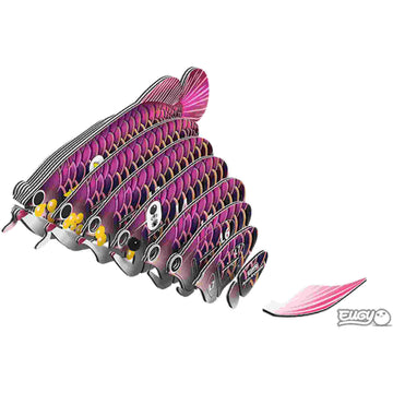 The EUGY Asian Arowana features a stylized fish design made from overlapping, curved segments in pink, purple, and gray. The abstract, modern look shows a segmented body that tapers toward the right, resembling an Asian Arowana.