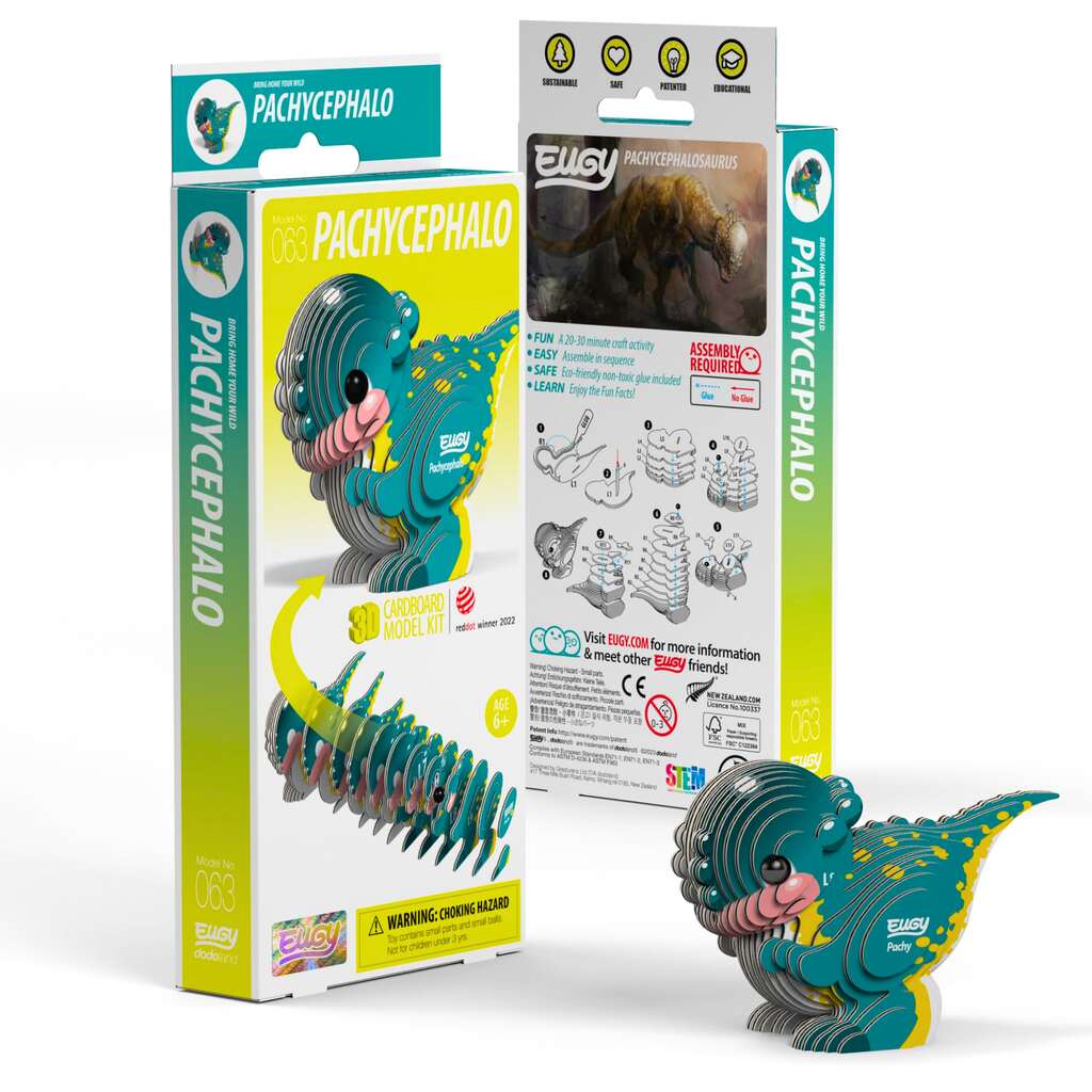 The EUGY Pachycephalo 3D puzzle features vibrant packaging that attracts dinosaur fans with its colorful layered design. It includes detailed diagrams and easy-to-follow assembly instructions, making it a must-have for enthusiasts and collectors.