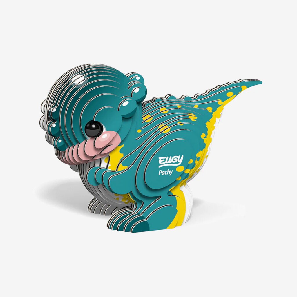 A vibrant, cartoon-style 3D puzzle of a dinosaur with teal, yellow, pink, and white layers stands upright with a playful expression. Ideal for dinosaur lovers, the text reads "EUGY Pachycephalo" on its side.