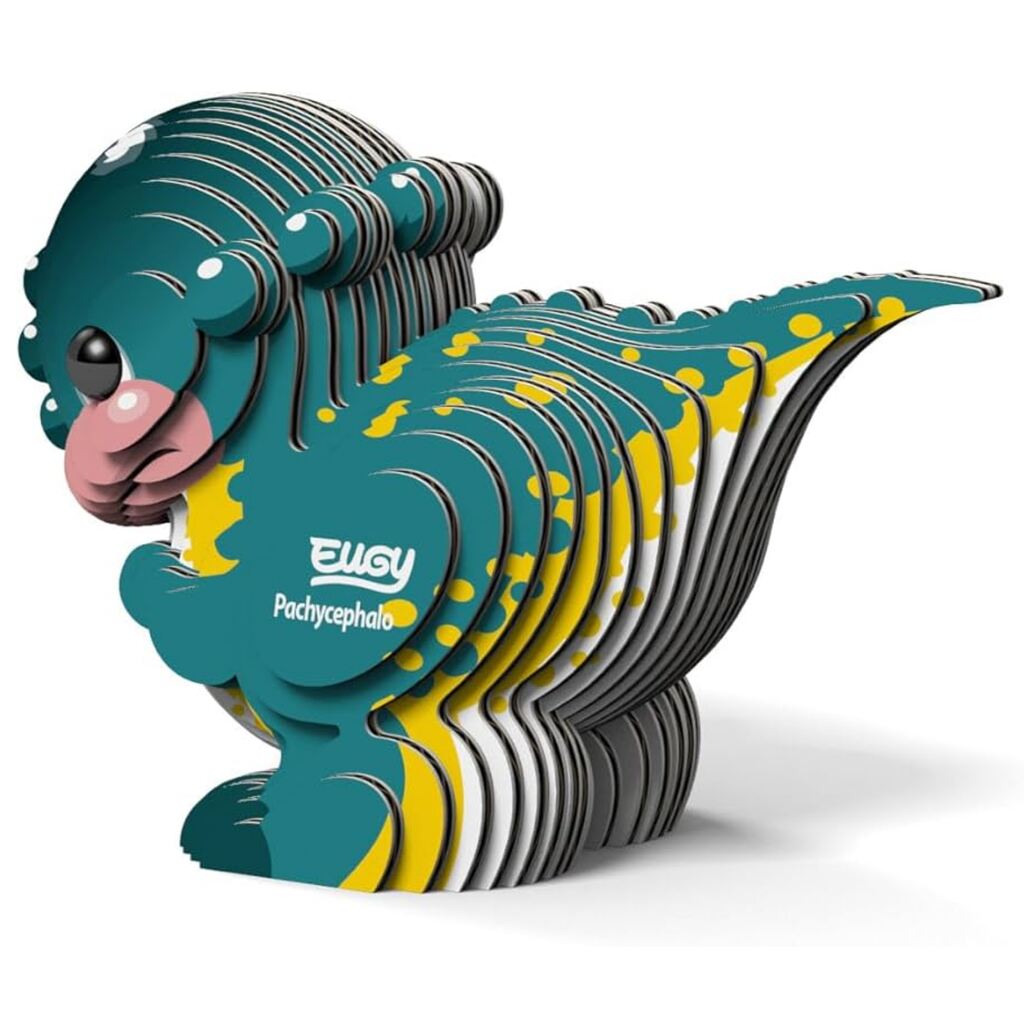 The EUGY Pachycephalo is a whimsical 3D cardboard model and puzzle for dinosaur enthusiasts, featuring teal and yellow layers with a cartoon-like design, large head, tail, and "Pachycephalosaurus" printed on it.