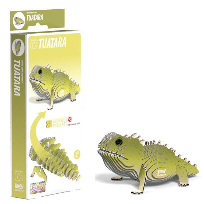 Image of the EUGY Tuatara, an eco-friendly 3D cardboard model kit. The collectible packaging highlights the assembled model and its components. Designed in lime green with black lines, it beautifully captures the playful essence of a tuatara.