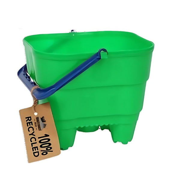 The Crazy Coast Eco 100% Recycled Castle Bucket, with a blue handle and brown tag reading "100% Recycled," is crafted from eco-friendly materials, making it an ideal children's product.