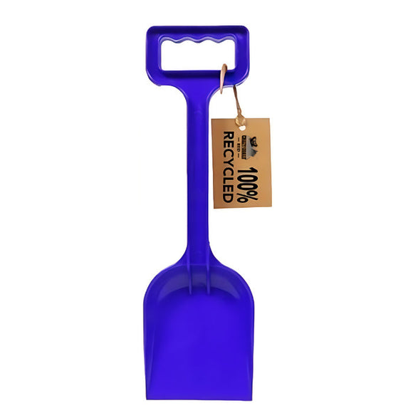 The Crazy Coast Eco 100% Recycled Spade, a vibrant blue plastic tool with a rectangular handle, is ideal for ages 3 and up. A brown tag labeled "100% Recycled" highlights its sustainability as it stands tall against a plain white background.