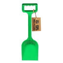 The Crazy Coast "Eco 100% Recycled Spade – 12”" is a green plastic shovel with a rectangular handle, made from assorted recycled materials. A brown tag on the handle boasts "100% recycled" in bold black letters, ideal for kids aged 3 and up.