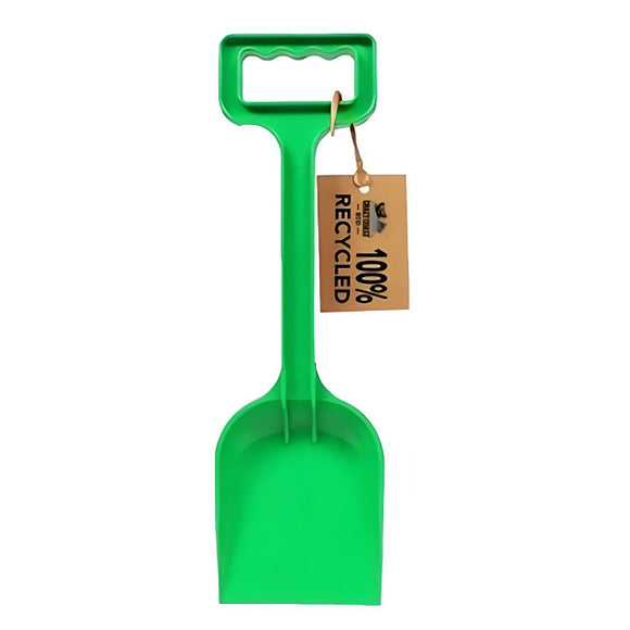 The Crazy Coast "Eco 100% Recycled Spade – 12”" is a green plastic shovel with a rectangular handle, made from assorted recycled materials. A brown tag on the handle boasts "100% recycled" in bold black letters, ideal for kids aged 3 and up.