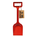 The Crazy Coast Eco 100% Recycled Spade – 12” is a red plastic shovel with a rectangular handle and wide scooping blade, ideal for ages 3 and up. It features a brown tag labeled "100% Recycled Materials.