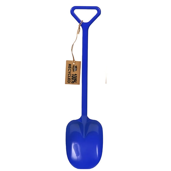The Eco 100% Recycled Spade - 20" by Crazy Coast is a blue plastic shovel with a triangular handle, crafted from recycled materials. It features a "100% Recycled" tag and is ideal for gardening, designed for ages 3+, blending sustainability with functionality.
