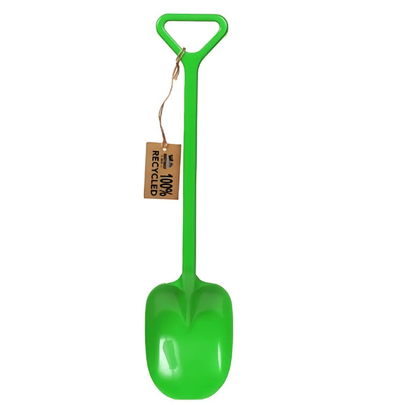 The Eco 100% Recycled Spade - 20" by Crazy Coast is a vibrant green shovel featuring a rectangular handle and wide scoop, ideal for ages 3+. It has a brown tag saying "100% Recycled," emphasizing its eco-friendly design, and is showcased on a white background.