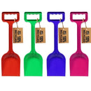 Four Crazy Coast "Eco 100% Recycled Spade – 12”" spades in red, green, blue, and pink are lined up. Each spade has a rectangular handle and is suitable for ages 3+, with a tag that reads "100% Recycled Materials.