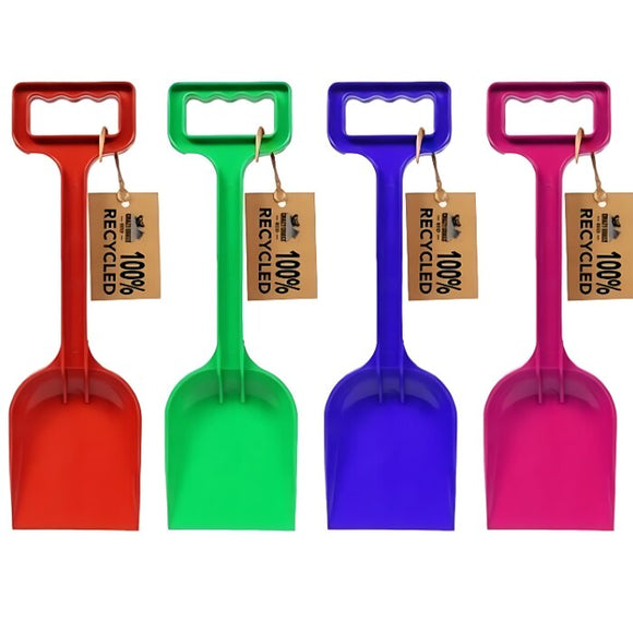 Four Crazy Coast "Eco 100% Recycled Spade – 12”" spades in red, green, blue, and pink are lined up. Each spade has a rectangular handle and is suitable for ages 3+, with a tag that reads "100% Recycled Materials.