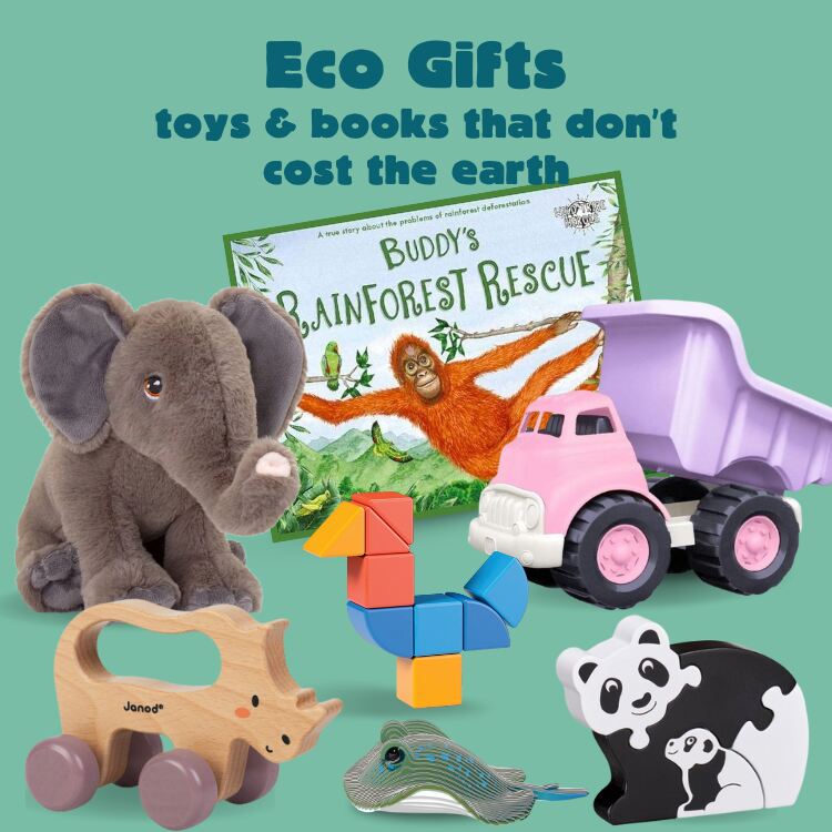 Text in green that reads: "Eco Toys. toys that don't cost the earth" with a selection of wooden toys, a pink plastic tipper truck and a grey fluffy elephant on the left.