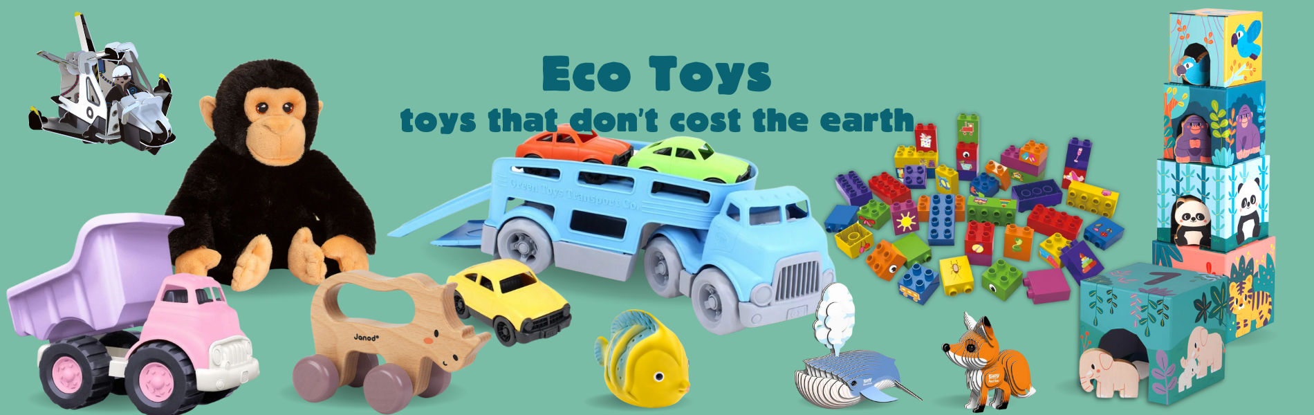 Lots of eco-friendly toys for kids including a pink dumper truck, a black cuddly chimp, a blue car transporter, colourful bricks and stacking blocks.