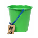 The Crazy Coast Eco 100% Recycled Bucket, 6", is displayed in green with a blue handle. Made from recycled materials, the bucket features a brown tag stating "100% Recycled" and is suitable for ages 3+. It's pictured against a white background.