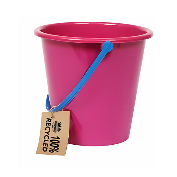 The Crazy Coast Eco 100% Recycled Bucket, 6", features a bright pink color with a blue handle. Made from recycled materials, it’s labeled "100% Recycled" and suitable for ages 3+. The product is shown on a plain white background.
