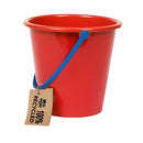 The 6" Eco 100% Recycled Bucket by Crazy Coast is bright red with a blue handle and sits against a white background. Made from assorted recycled materials, it has a brown tag marked "100% Recycled" with a recycling symbol, ideal for eco-conscious users aged 3 and up.