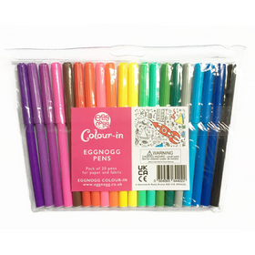 Explore the vibrant world of color with eggnogg's Pack of Felt Pens. This set features 20 assorted shades, all neatly packaged in a clear plastic case adorned with a charming black-and-white doodle label, perfect for fabric and paper projects.