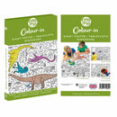 The eggnogg Giant Poster/Tablecloth – Dinosaurs offers fun craft activity with dinosaur illustrations; the front boasts vibrant designs, while the reverse shows kids coloring alongside product details.