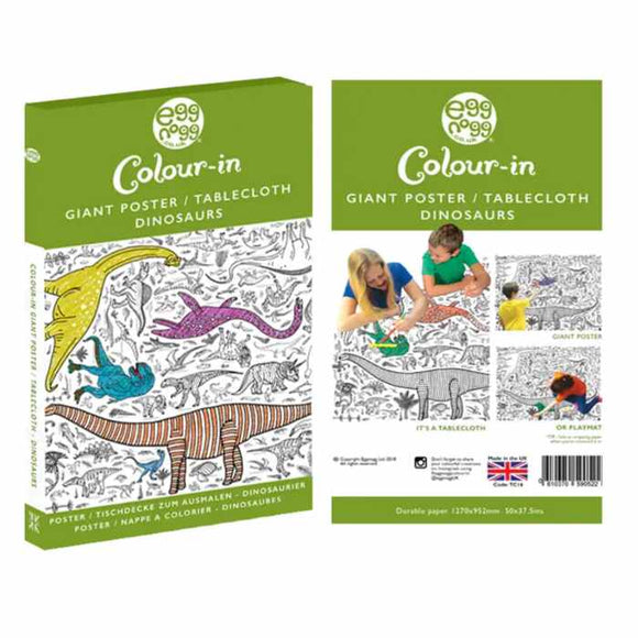 The eggnogg Giant Poster/Tablecloth – Dinosaurs offers fun craft activity with dinosaur illustrations; the front boasts vibrant designs, while the reverse shows kids coloring alongside product details.