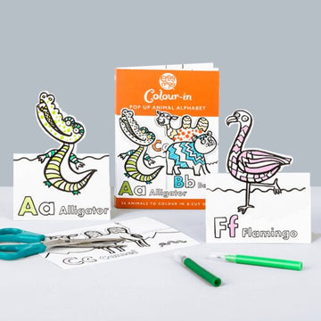 The eggnogg Card Book – Pop-up Animals offers a fun craft activity for kids with pop-up alphabet cards. Featuring an "A a Alligator" and "F f Flamingo," children can color the animals using scissors and markers to bring them to life.