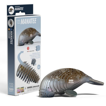 The packaging of the EUGY Manatee 3D puzzle displays the completed eco-friendly model with the brand name "EUGY" and number "122," promoting ocean conservation while entertaining.