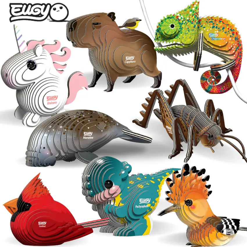 A collection of Eugy animals including a white and pink unicorn (t-l), a capybara (t-m), a chameleon (t-r), a manatee, insect, dinosaur and red and orange birds.