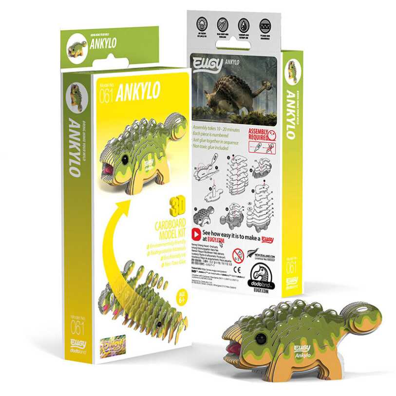 The packaging and assembled model of the 3D cardboard EUGY Ankylo kit features colorful dinosaur illustrations made with eco-friendly ink. The box includes assembly instructions, the "EUGY" company logo, and an age recommendation of 6+. This collectible craft is crafted from biodegradable card.