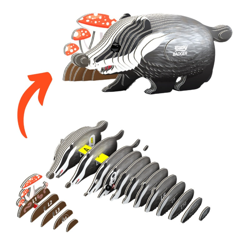 Illustration of the EUGY Badger toy figure puzzle from the brand EUGY. The top half features the completed badger alongside red mushrooms, while the bottom half shows the puzzle pieces arranged in order. Made from sustainable materials, an orange arrow connects the pieces to the finished badger.