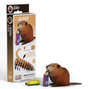 The EUGY Eugy Beaver 3D puzzle kit is shown, featuring eco-friendly pieces that assemble into a beaver holding wood, displayed next to its box. Suitable for ages 6 and up.