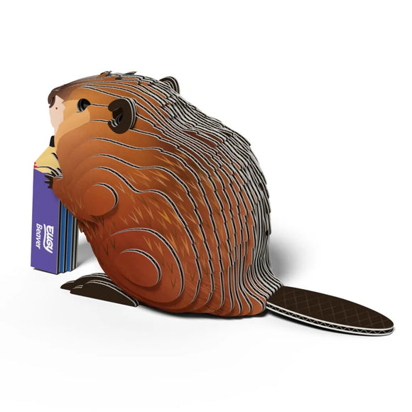 EUGY’s Eugy Beaver is a unique, eco-friendly 3D puzzle model with swirling brown fur patterns, a flat textured tail, and a blue energy drink can—an adorable collectible made from layered pieces.
