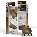 The EUGY Capybara packaging showcases a delightful assembled model featuring a yellow bird on its back. It's an eco-friendly 120-piece puzzle, complete with assembly instructions, age guidelines, and a capybara photo—perfect for wildlife enthusiasts.