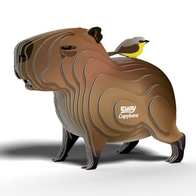 The EUGY Capybara by EUGY is an engaging 3D puzzle made from layered, cut-out sheets with a wavy texture, topped with a small bird. It's an eco-friendly gift that blends creativity and wildlife appreciation for enthusiasts.